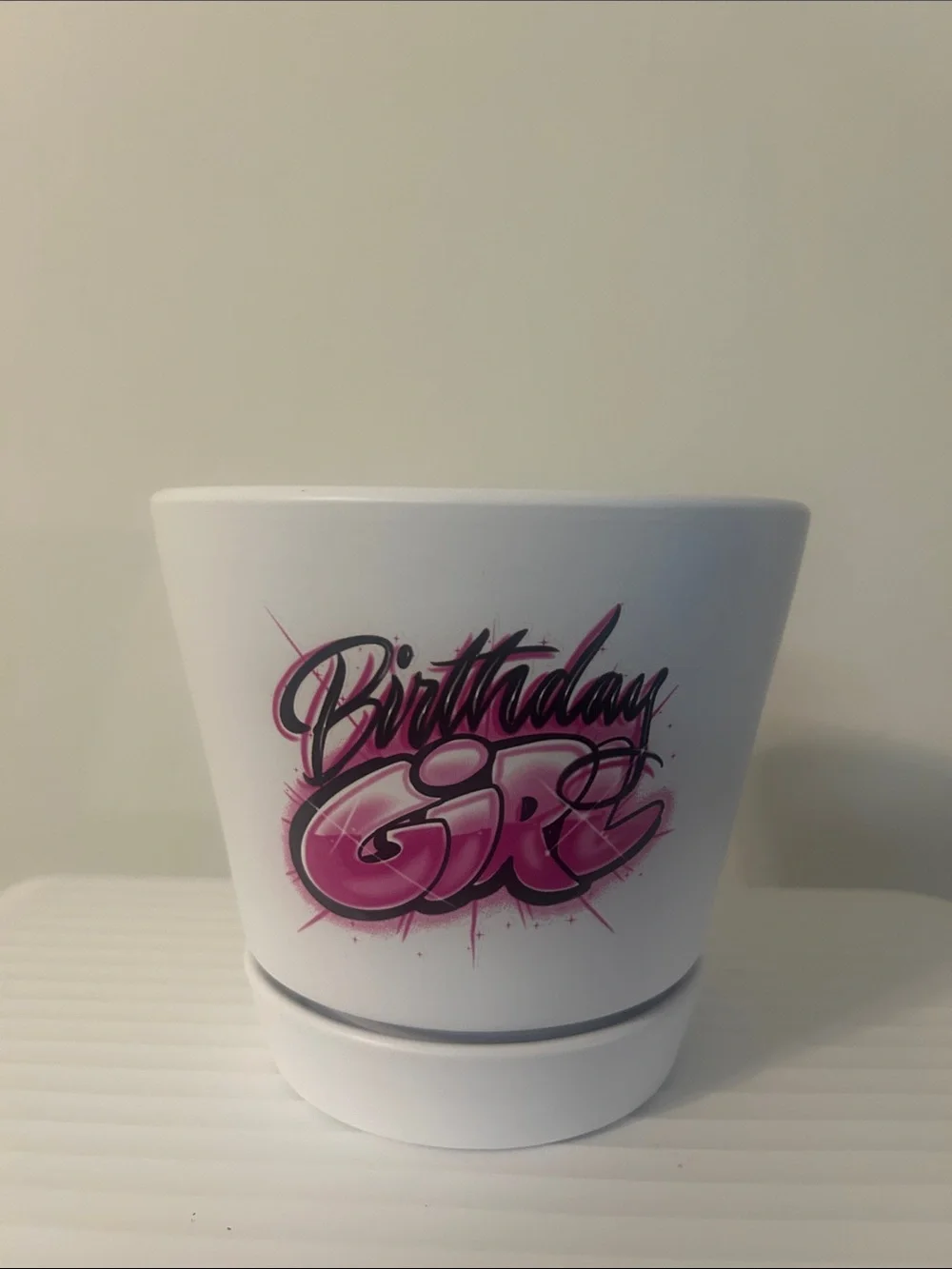 Birthday Girl White Party Planter with Pink Graffiti Design